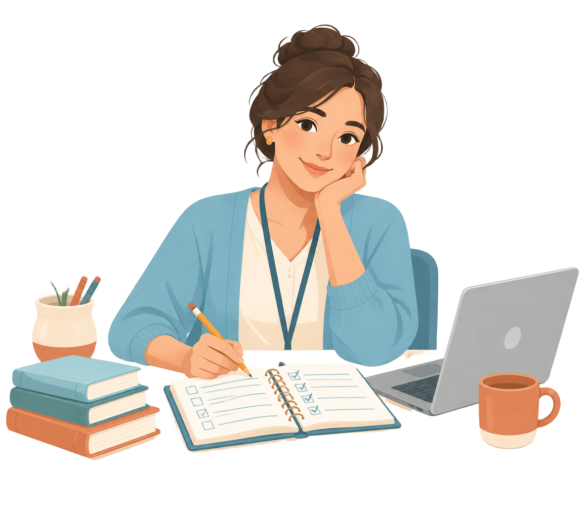 A teacher planning lessons at her desk